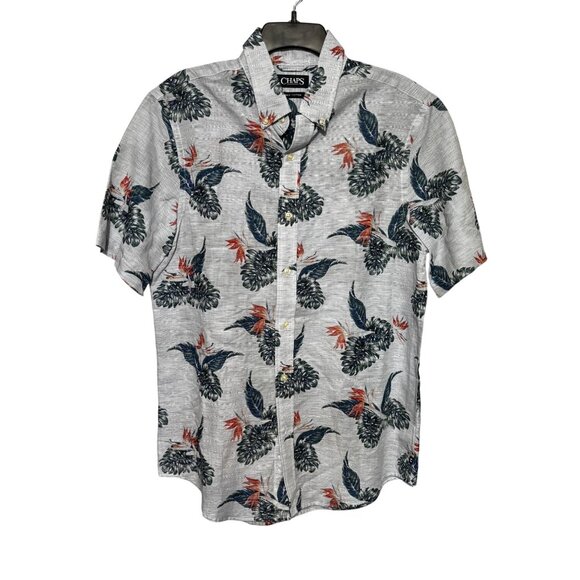 Chaps Men’s Medium Short Sleeve Linen Cotton Hawaiian Shirt With Tropical Print - Picture 1 of 9